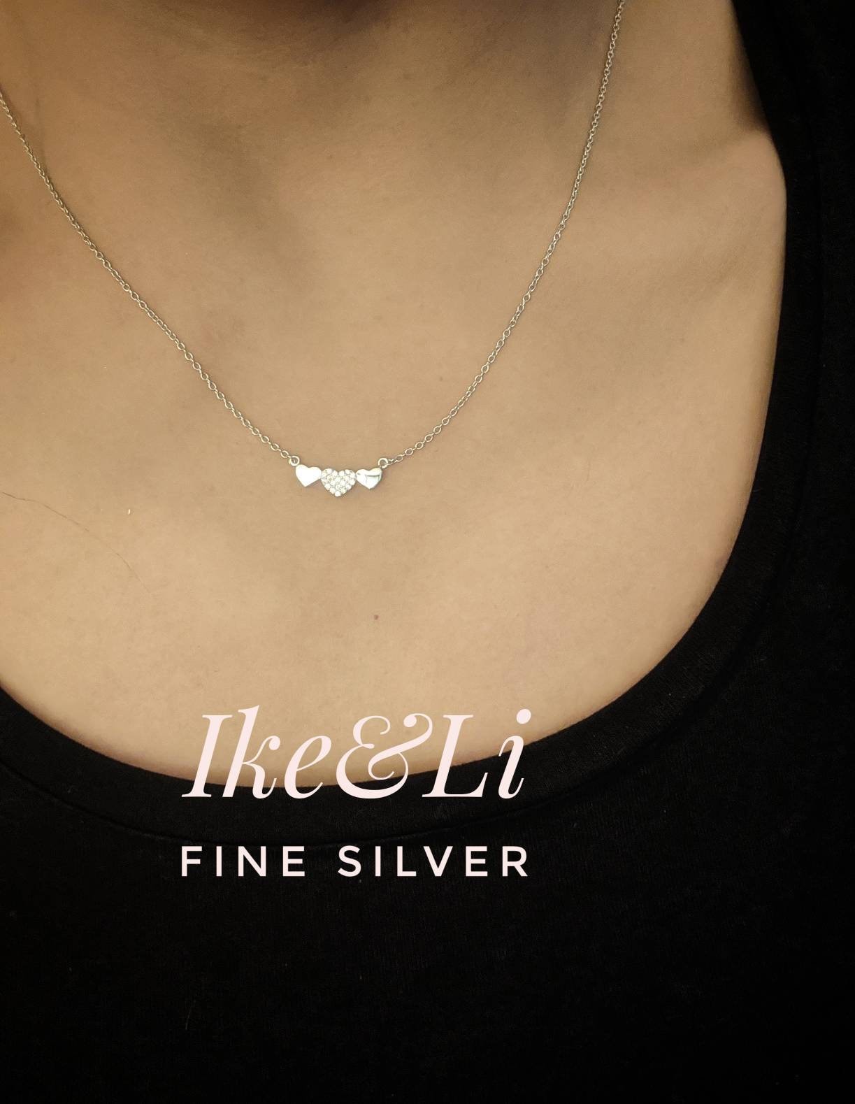 Heart Necklace 925 Sterling Silver & Cubic Zirconia / Three