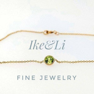 Natural Peridot Bezel Bracelet 14k. Gold / 4mm. Peridot / August Birthstone / Stationary Bracelet / Gift for Her / Solid Gold