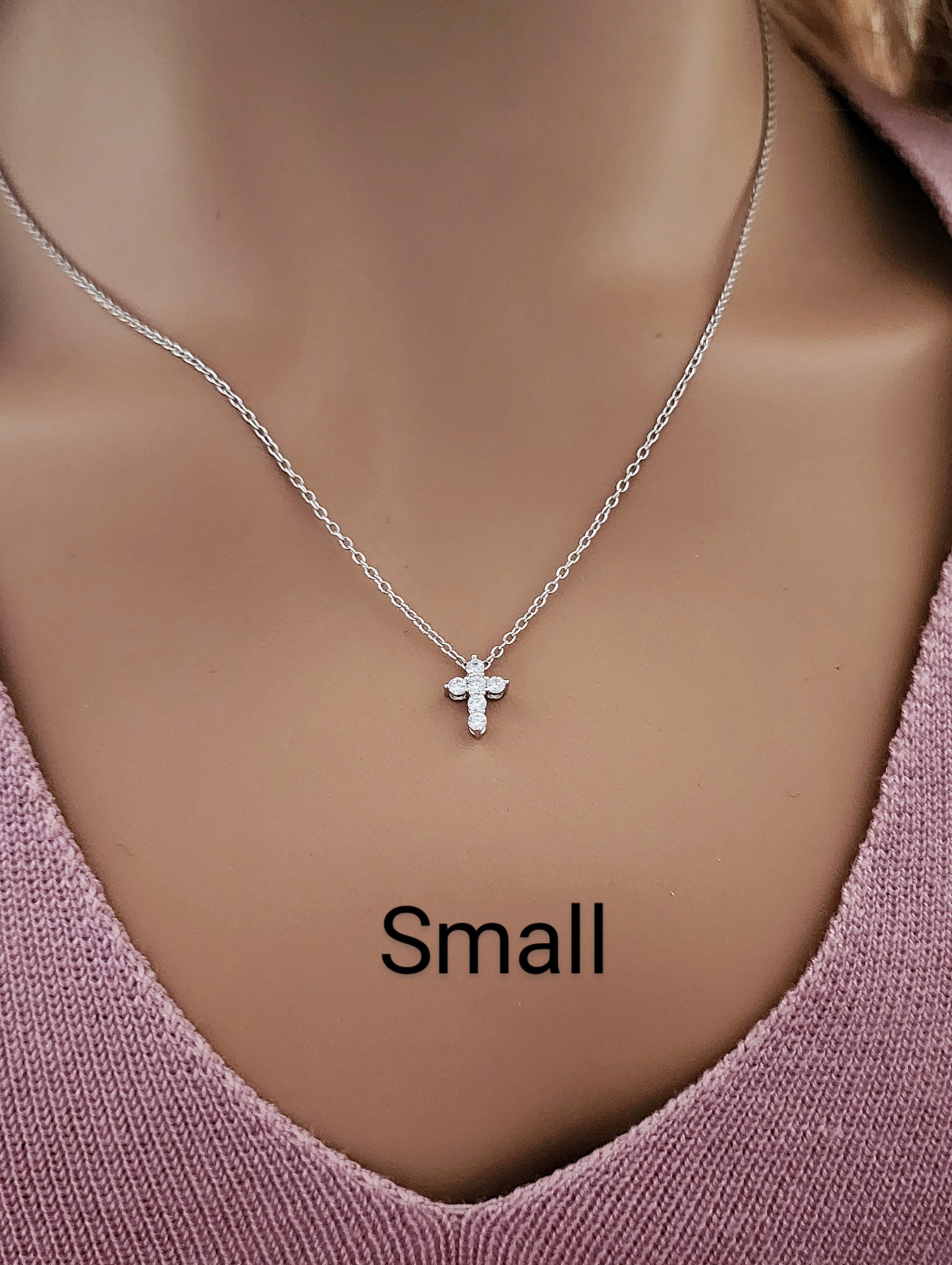 Small Cross Necklace 925 Sterling Silver & Cubic Zirconia / Solid