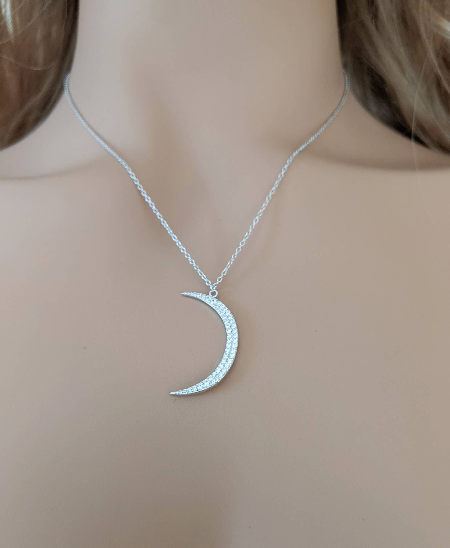 Large Crescent Moon Necklace 925 Sterling Silver & Cubic Zirconia / 16 ...