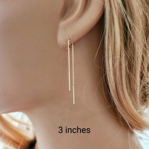 Threader Earring Solid 14k Yellow Gold Double Bar Ear Threader / NOT Gold Filled NOT Gold Plated / Delicate Chain Earrings
