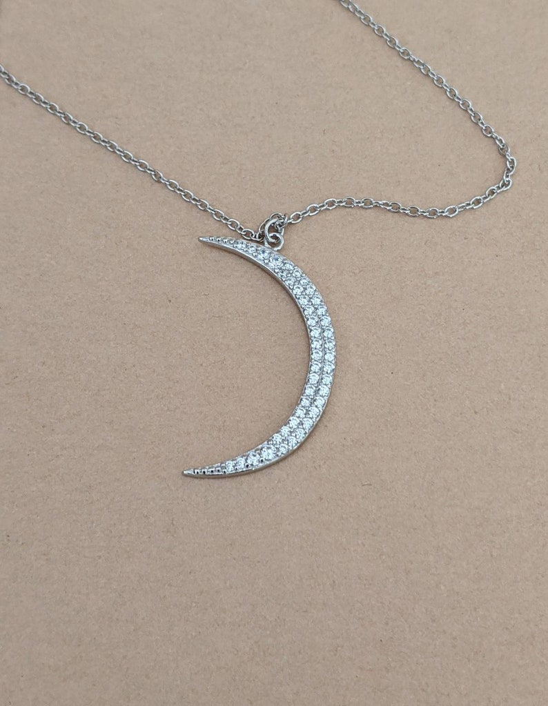 Large Crescent Moon Necklace 925 Sterling Silver & Cubic Zirconia / 16 ...