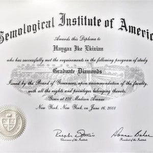 May include: A black and white diploma from the Gemological Institute of America awarded to Haygaz Ike Ekizian for completing the Graduate Diamonds program of study. The diploma is dated June 16, 2008.