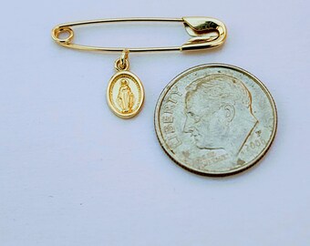 Baby Safety Pin With Two Charms 14k Yellow Gold / Cross & Virgin Mary Charms / Christening / Baptism / NOT Gold Filled NOT Gold Plated