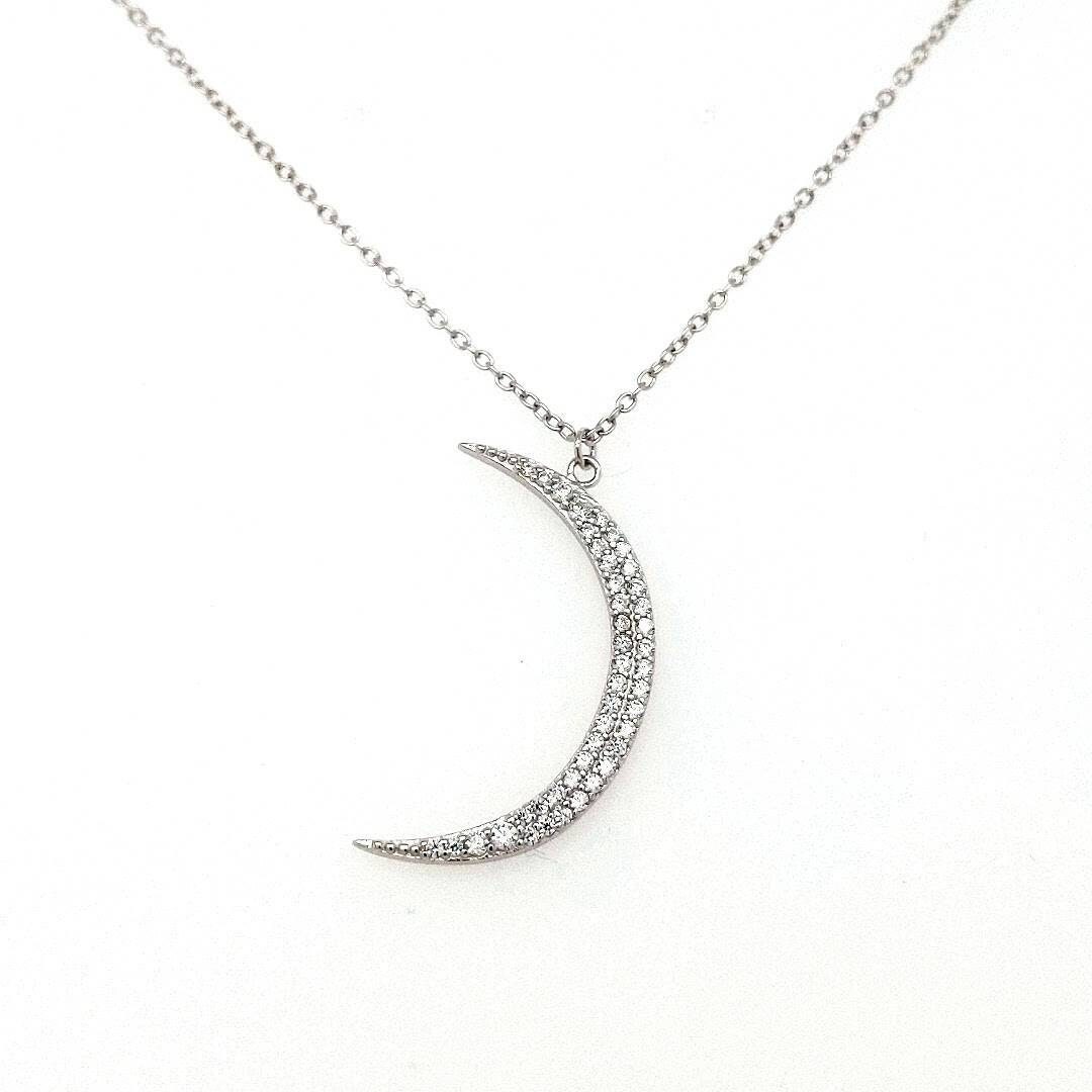 Large Crescent Moon Necklace 925 Sterling Silver & Cubic Zirconia / 16 ...