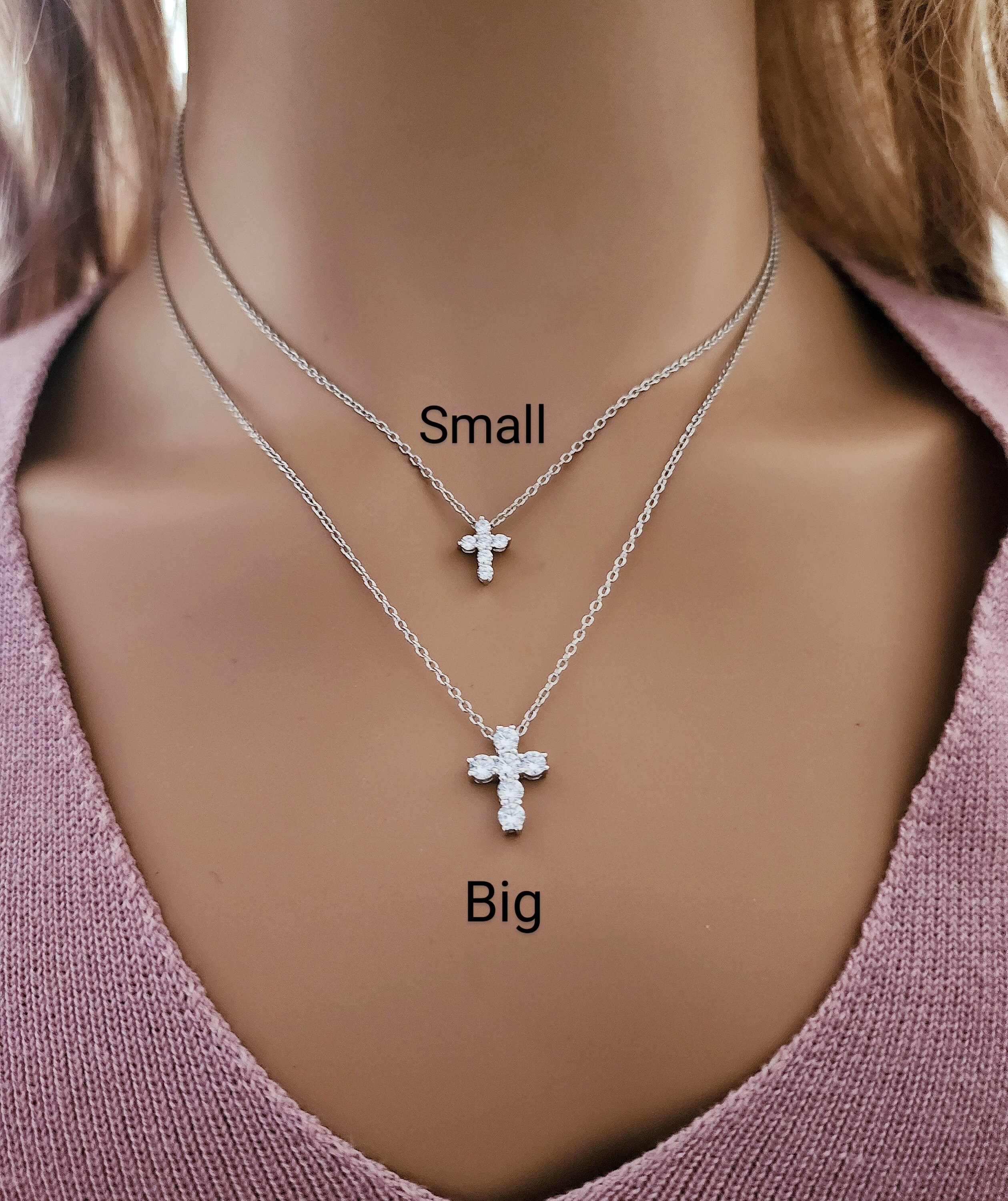 Small Cross Necklace 925 Sterling Silver & Cubic Zirconia