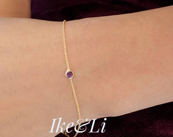 Natural Amethyst Bezel Bracelet 14k Gold / 4mm. Amethyst / February Birthstone / Stationary Bracelet / Gift for Her / Solid Gold