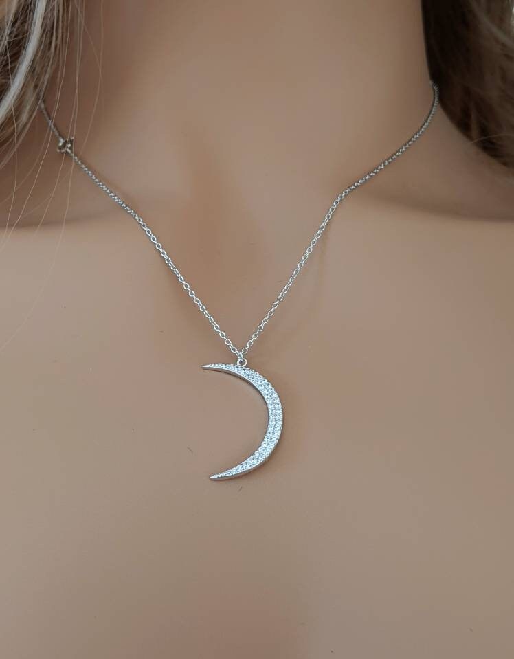 Large Crescent Moon Necklace 925 Sterling Silver & Cubic Zirconia / 16 ...