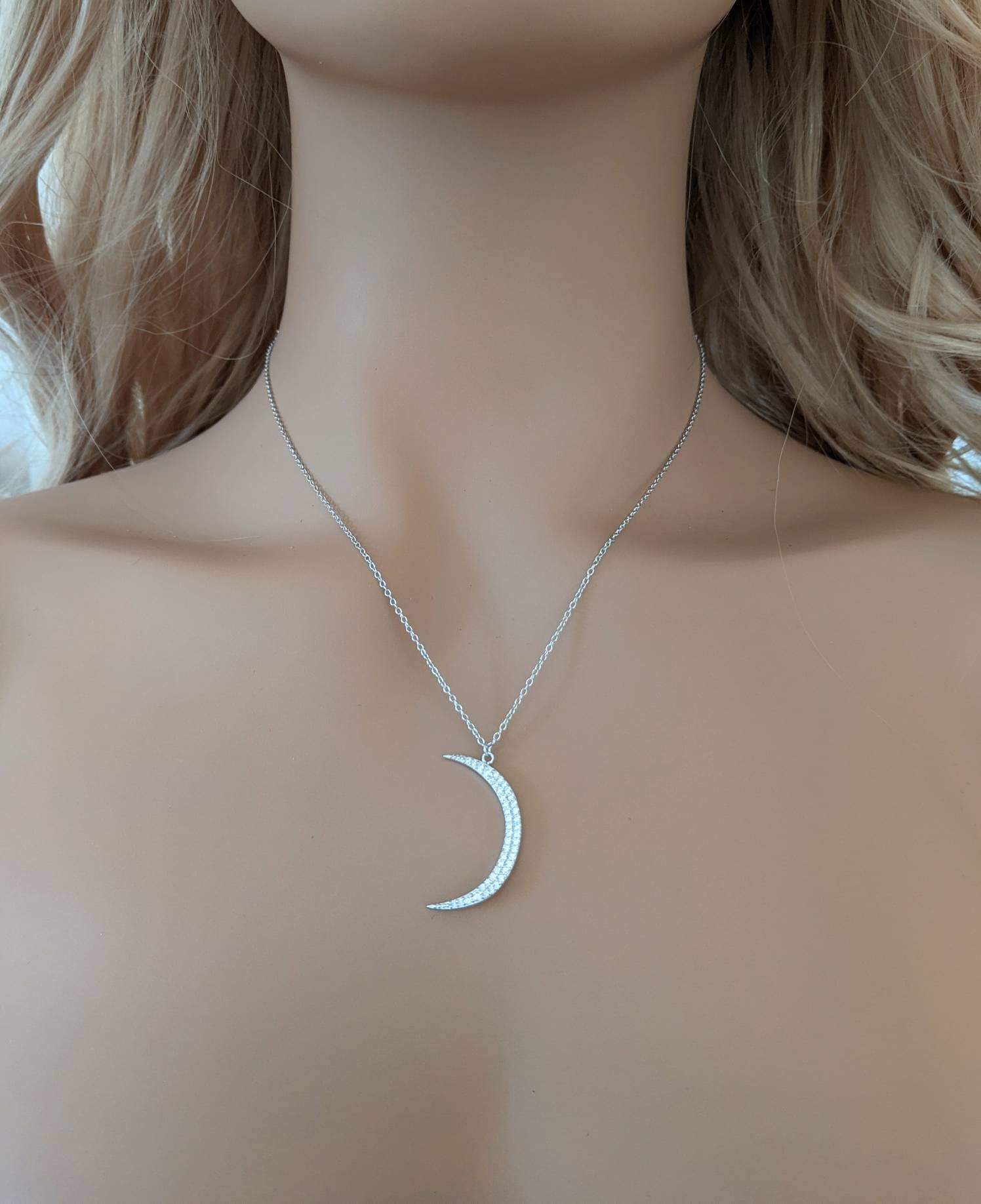 Large Crescent Moon Necklace 925 Sterling Silver & Cubic Zirconia / 16 ...