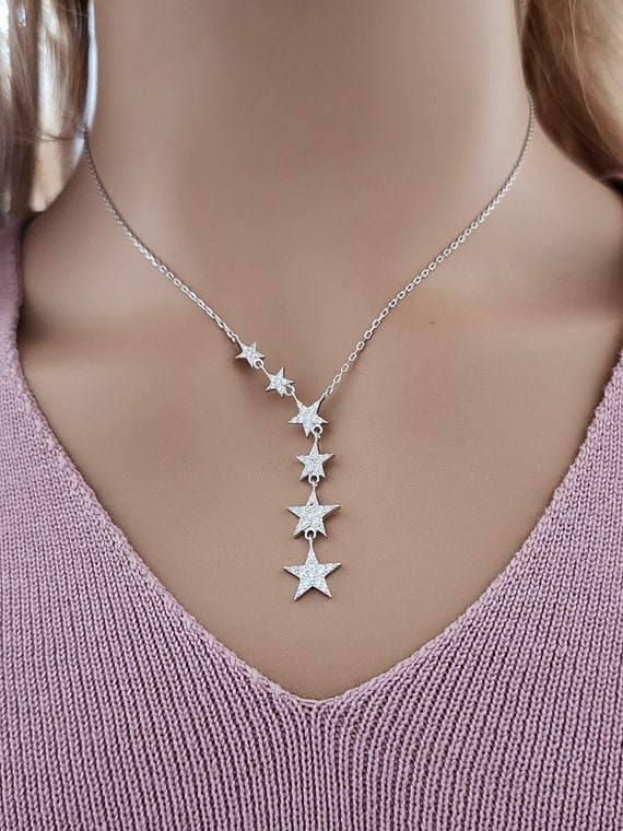 Star Lariat Necklace 925 Sterling Silver & Cubic Zirconia