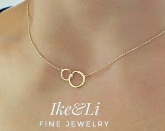 Interlocking Double Circle Necklace 14k Yellow Gold / Unity Link Infinity Necklace / Solid Gold / Layering Necklace / Gift for Her