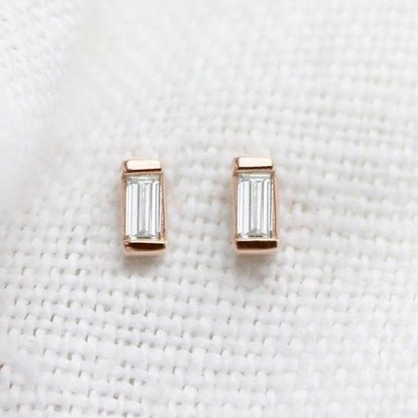 0.08ct.-0.47ct. Baguette Cut Diamond Stud Earrings 14k White, Yellow Gold / Second Hole Earring / Single or Pair / Natural Untreated Diamond