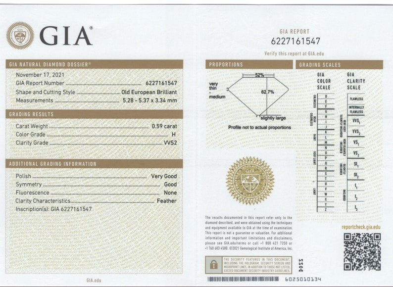 May include: A GIA diamond grading report for a 0.59 carat, H color, VS2 clarity diamond. The diamond is an Old European Brilliant cut with measurements of 5.28 - 5.37 x 3.34 mm. The report includes additional grading information such as polish, symmetry, fluorescence, and clarity characteristics.