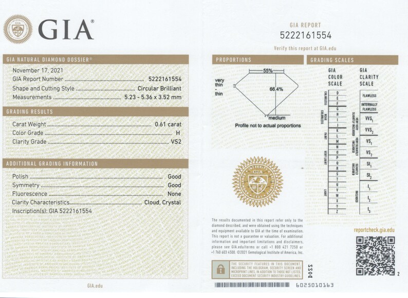 May include: A GIA diamond grading report for a 0.61 carat, H color, VS2 clarity diamond. The diamond is circular brilliant cut and measures 5.23-5.36 x 3.52 mm. The report includes details on the diamond's proportions, polish, symmetry, fluorescence, and clarity characteristics.