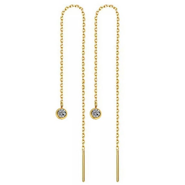 Diamond Threader Earrings 14k Gold / Delicate Gold Drop Chain Earrings / Pull Through Dangling Earring / Half Pair or Pair / Gift for Her