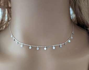 Mini Disc Dangle Choker Necklace 925 Sterling Silver / Disc Choker Necklace / Fine Quality Silver / Layering Choker / Gift for Her