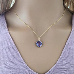 10mm. Natural Cushion Cut Amethysts Bezel Pendant 14k Yellow Gold / NOT Gold Filled NOT Gold Plated / Double Sided