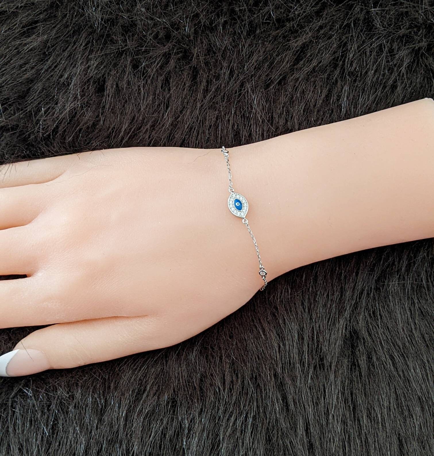 Bracelet De Cheville œil Maléfique En Argent 925 Plaqué Or Blanc - Zircone Bleue, Chaîne Réglable 21+3 Cm
