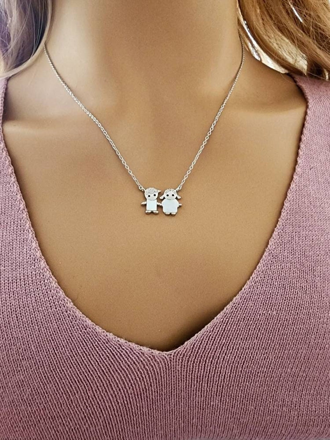 Boy and Girl Charm Necklace 925 Sterling Silver / Mothers Necklace