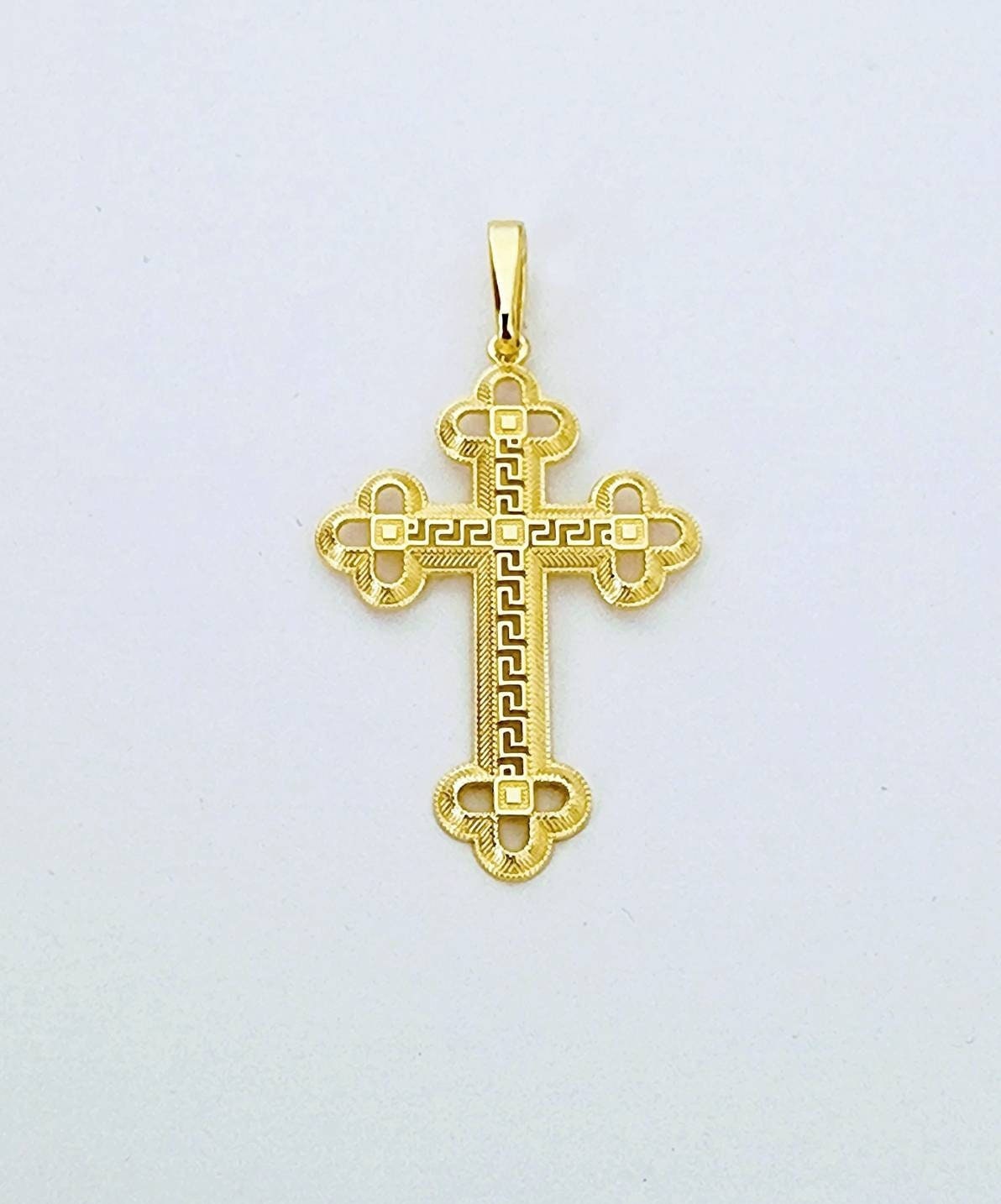 Meander Cross Large Fancy Cross Pendant 14k Yellow Gold / Meander Greek Cross / Gift ...