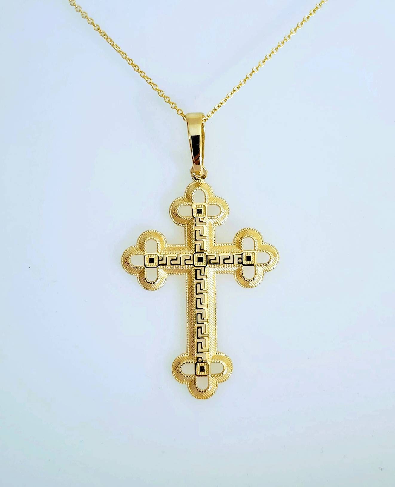 Meander Cross Large Fancy Cross Pendant 14k Yellow Gold / Meander Greek Cross / Gift ...
