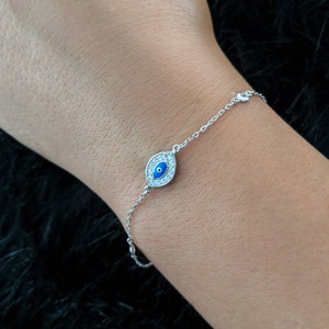 Evil Eye Bracelet 925 Sterling Silver Cubic Zirconia / Diamond by the Yard / Real Silver NOT Plated / Stackable / Adjustable / Gift for Her