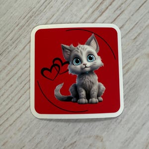 Cute Gray Kitten with Hearts/Vinyl Waterproof Sticker/cat lover&#39;s gift