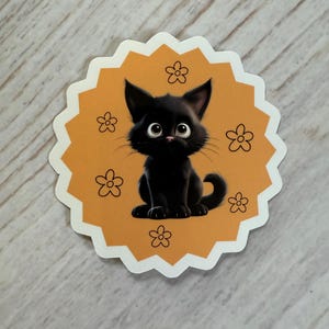 Cute Black Kitten with Flowers/Vinyl Waterproof Sticker/cat lover&#39;s gift