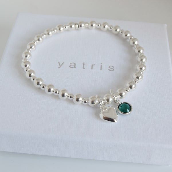 Sterling Silver Birthstone Bracelet - Beaded Bracelet - Charm Bracelet - Silver Stretch Bracelet - Birthstone Bracelet - Stacking Bracelet