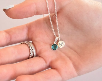 Initial Necklace With Birthstone - Etsy UK
