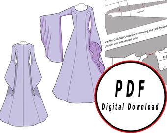 DIY vestido básico élfico fantasía medieval elf-Plantilla patrón blueprint pdf vector imprimible descarga digital cosplay traje larp pdf