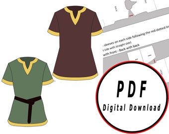 DIY fantasía hombre túnica básica medieval Plantilla patrón plano pdf vector imprimible descarga digital cosplay traje larp pdf