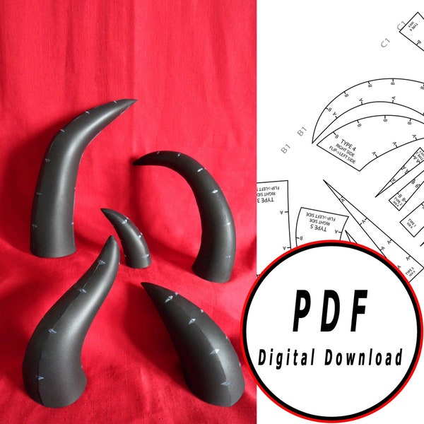 DIY Horns x 5 types eva foam tutorial pattern blueprint template pdf vector printable digital download cosplay costume larp pdf tutorial