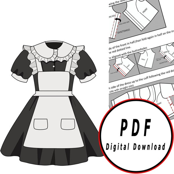 DIY maid basic dress fantasy japanese- Template pattern blueprint pdf vector printable digital download cosplay costume larp pdf