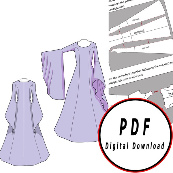 DIY elvish basic dress fantasy medieval elf- Template pattern blueprint pdf vector printable digital download cosplay costume larp pdf