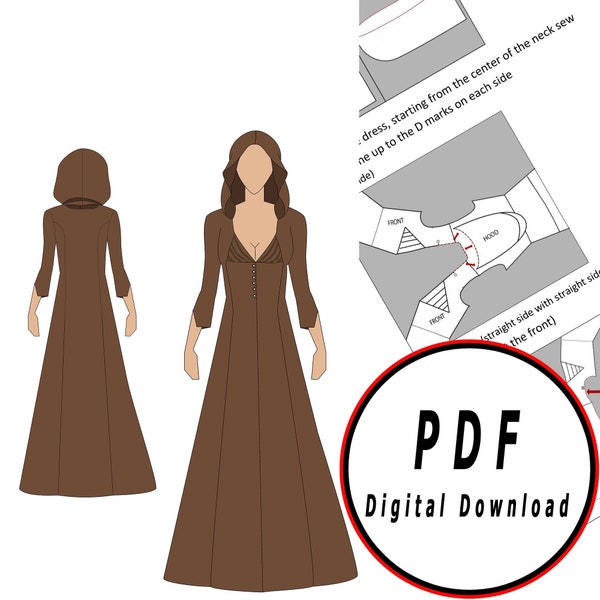 DIY hooded dress fantasy medieval elf vampire Template pattern blueprint pdf vector printable digital download cosplay costume larp pdf