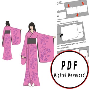 DIY Kimono Kleid Fantasy japanisch- Vorlage Schnittmuster pdf vektor druckbar digitaler Download Cosplay Kostüm Larp pdf