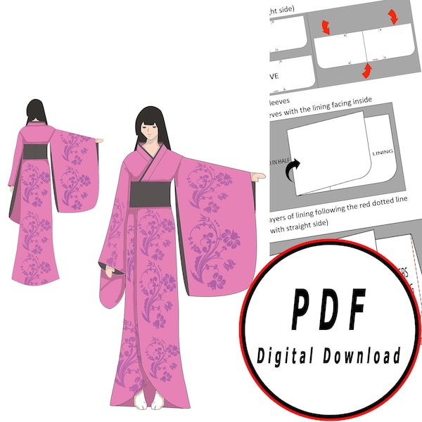 DIY kimono sukienka Fantasy Japanese-szablon wzór plan pdf wektor do druku Digital Download cosplay kostium larp pdf