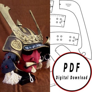 DIY samurai eva espuma casco kabuto Plantilla patrón blueprint vector imprimible descarga digital cosplay traje larp pdf