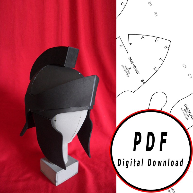 May include: A black foam helmet with a raised crest, displayed on a white mannequin head. The helmet is made up of multiple pieces, and the pattern for the helmet is shown in the background. The pattern is labeled "Base Helmet 2" and "Cheekplate". The text "PDF Digital Download" is also visible in the image.