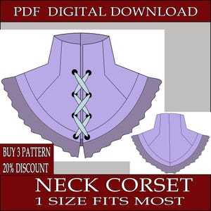 Könnte beinhalten: Ein digitaler Download-Schnittmuster für ein Nacken-Korsett. Das Design zeigt einen lavendelfarbenen Stoff mit Schnürung vorne und einem gewellten Rand. Der Text "NECK CORSET" und "1 SIZE FITS MOST" sind abgebildet.