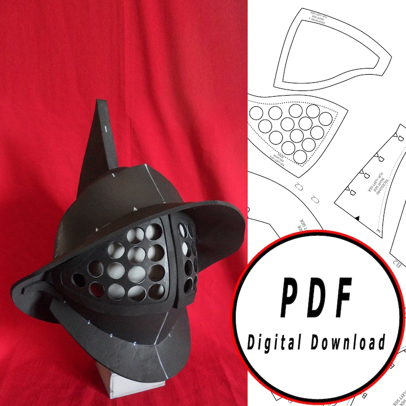 May include: A black gladiator helmet with a mesh face guard. The helmet is made of foam and is a digital download PDF pattern.