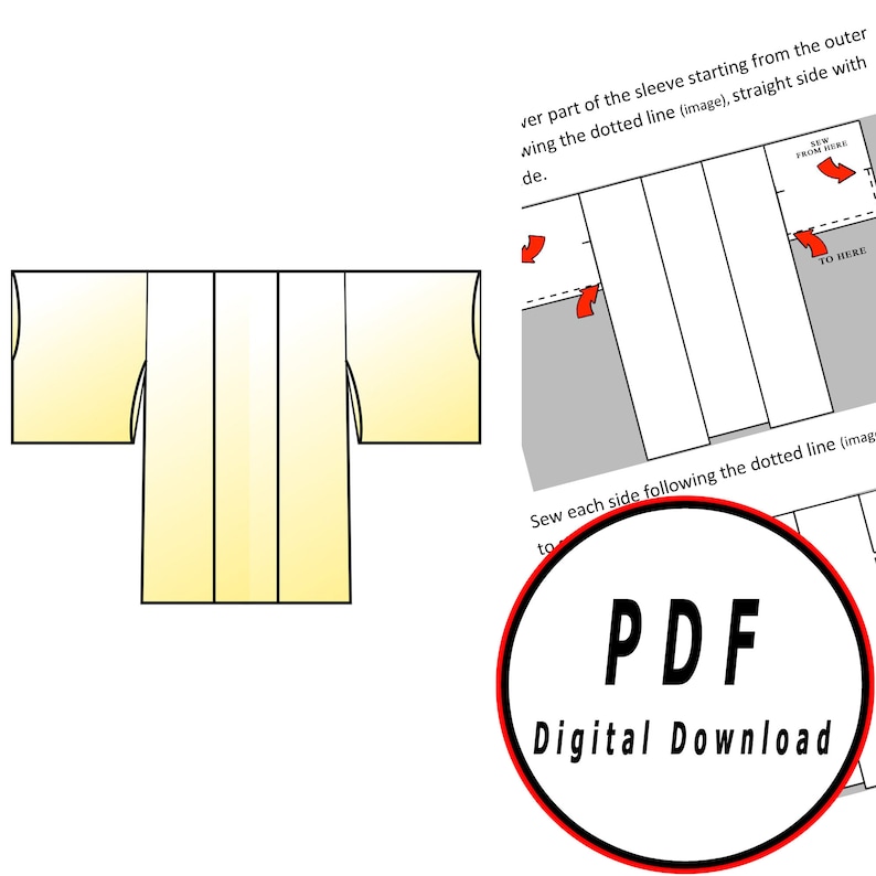 Puede incluir: Un patr&oacute;n de descarga digital para un kimono amarillo con degradado. El patr&oacute;n incluye instrucciones para coser el kimono, con un primer plano de la costura de la manga.