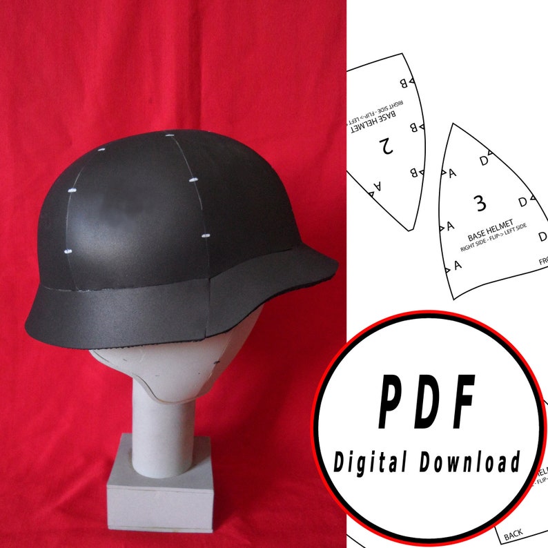 May include: A black foam helmet with a brim, on a white mannequin, against a red background. The image also shows a PDF pattern for the helmet, with instructions for making the helmet.
