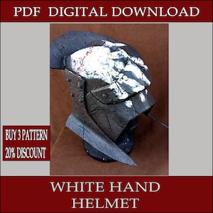 May include: A dark gray helmet with a white handprint design on the top. The helmet has a pointed front and is labeled "WHITE HAND HELMET" and "PDF DIGITAL DOWNLOAD". The image also includes the text "BUY 3 PATTERN 20% DISCOUNT".