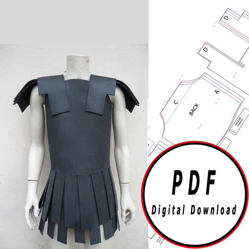 May include: A black foam costume pattern for a tunic with a pleated skirt and shoulder pads. The pattern is a digital download and is available in PDF format.  PDF Digital Download.