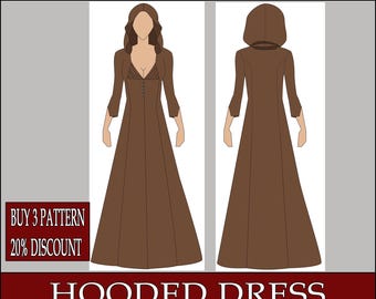 DIY hooded dress fantasy medieval elf vampire Template pattern blueprint pdf vector printable digital download cosplay costume larp pdf