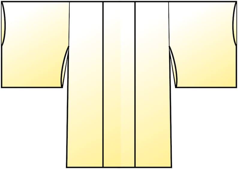 Puede incluir: Un kimono de color amarillo y blanco degradado con mangas largas y cuello recto.