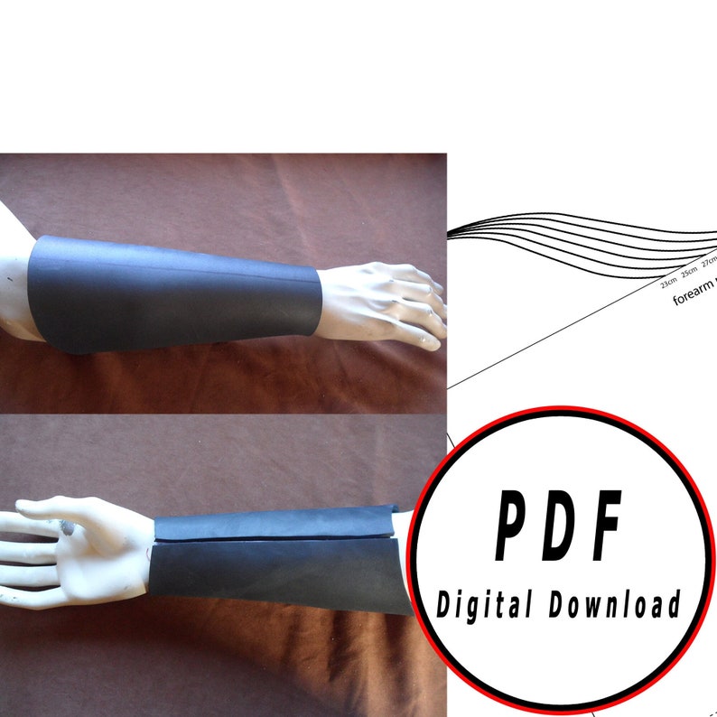 May include: Black forearm armor displayed on a mannequin arm. The armor is made of a dark material and is shown in two different views. A digital download PDF graphic is also visible.