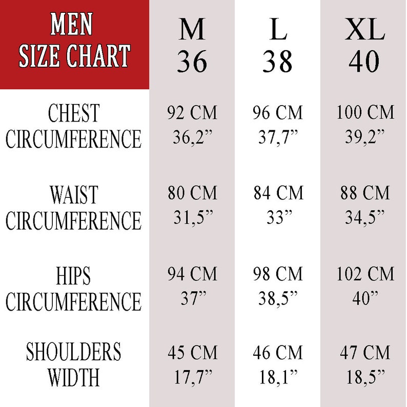 May include: Men's size chart with measurements in inches and centimeters for chest, waist, hips, and shoulder width. Sizes include M (36), L (38), and XL (40).